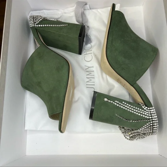 Jimmy Choo Baia 100 mm Crystal Detailed Cactus Suede Mule Sandal Heels - Picture 9 of 10